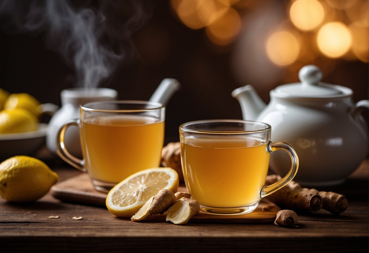 A steaming cup of ginger tea sits on a wooden table, surrounded by fresh ginger root, honey, lemon, and a teapot