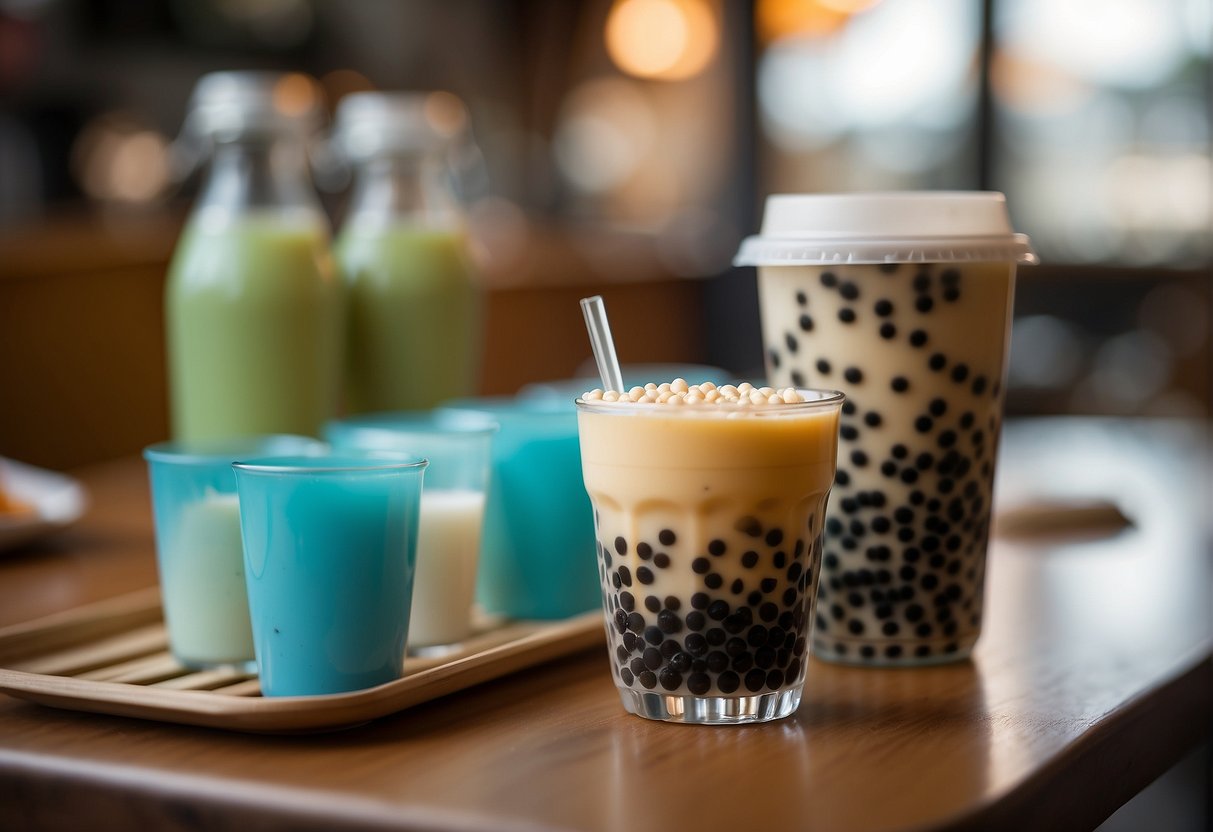 A table with a clear cup of bubble tea, surrounded by tapioca pearls, milk, tea, and flavorings. A nutrition label listing calories, sugar, and other nutritional information is visible on the packaging