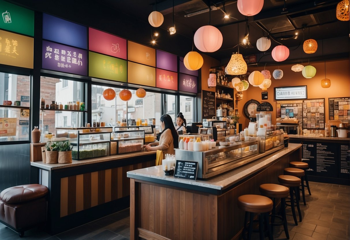 A bustling bubble tea shop with diverse customers and colorful drinks. Social media logos and international flags adorn the walls