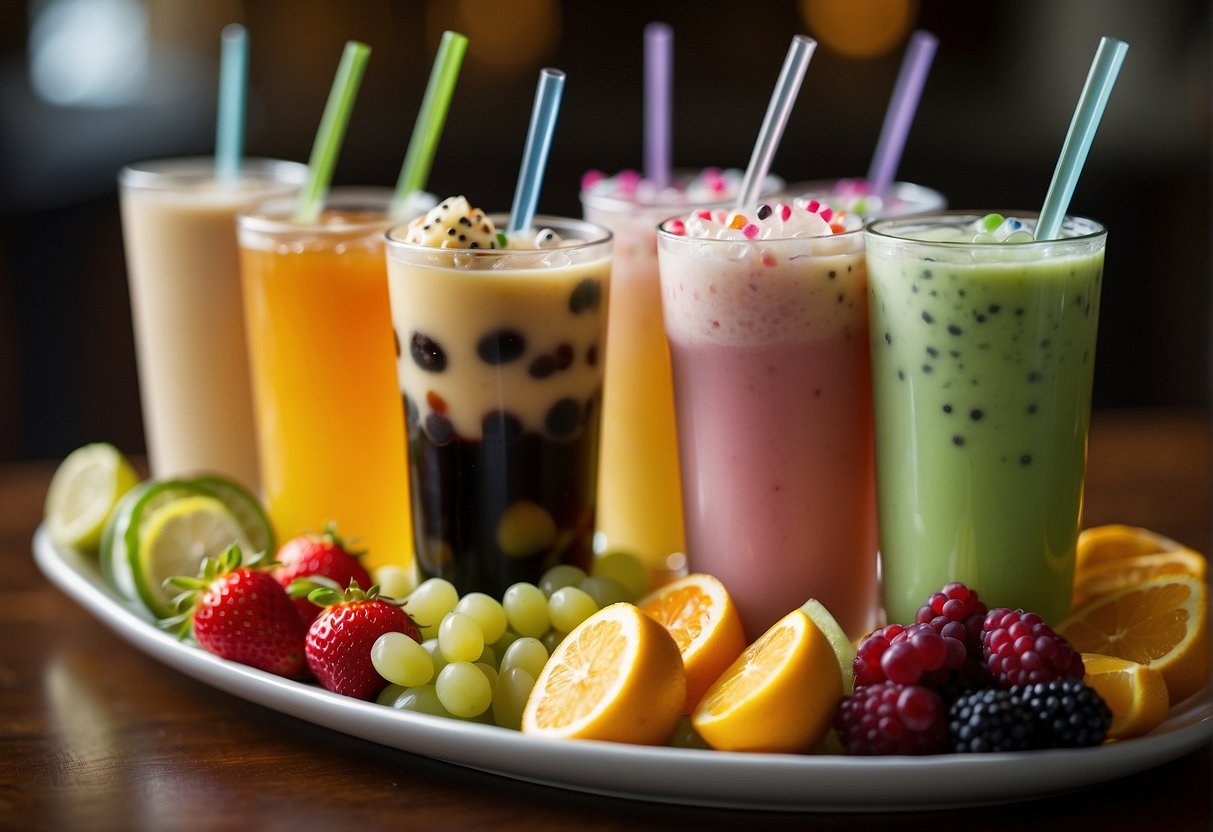 A colorful array of toppings and flavors surround a cup of bubble tea, including tapioca pearls, fruit jellies, and various syrups