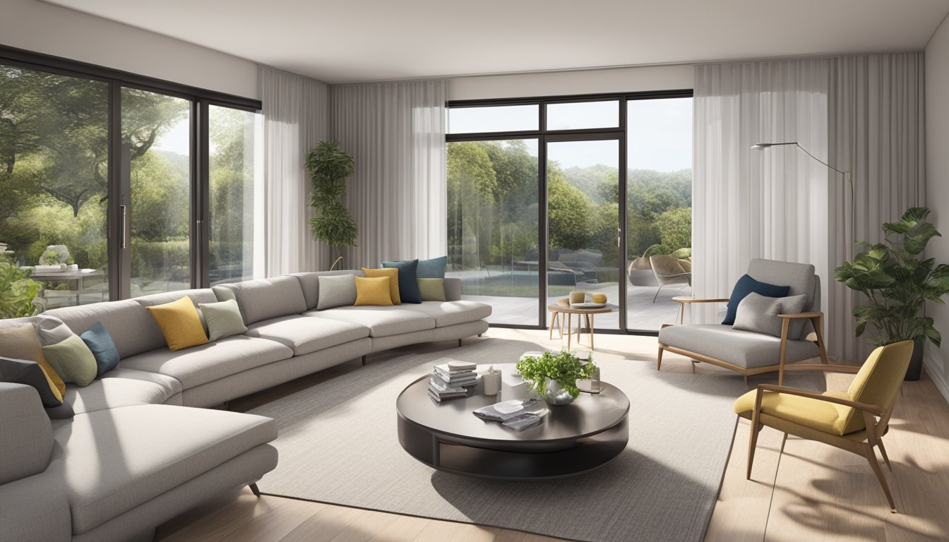 A spacious living room with a 3-seater sofa positioned in the center, creating a focal point. The sofa is sleek and modern, with clean lines and comfortable cushions. The room is well-lit with natural light, and there are decorative accents