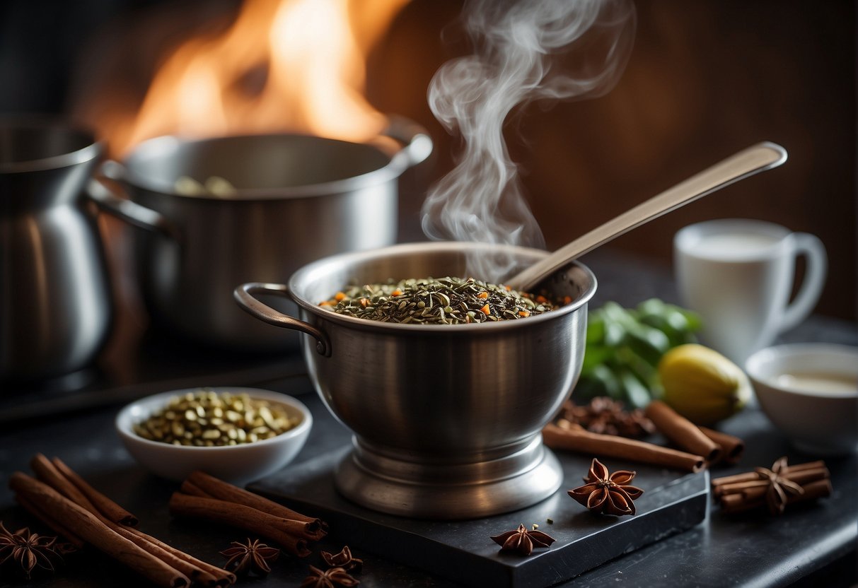 A pot simmers on a stove, filled with water, black tea, spices, and milk. A mortar and pestle crushes cardamom pods and cinnamon sticks