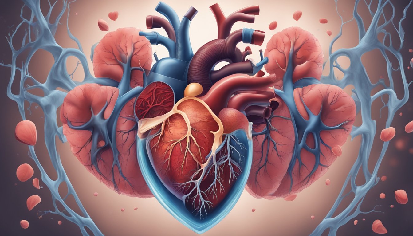 A heart struggling to pump blood, surrounded by fluid buildup in the lungs and extremities