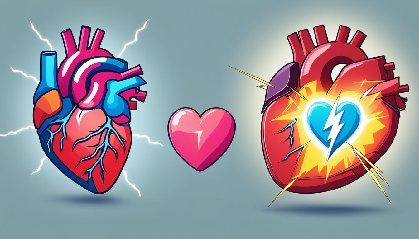A heart with a lightning bolt for a heart attack, and a heart with a dam for congestive heart failure