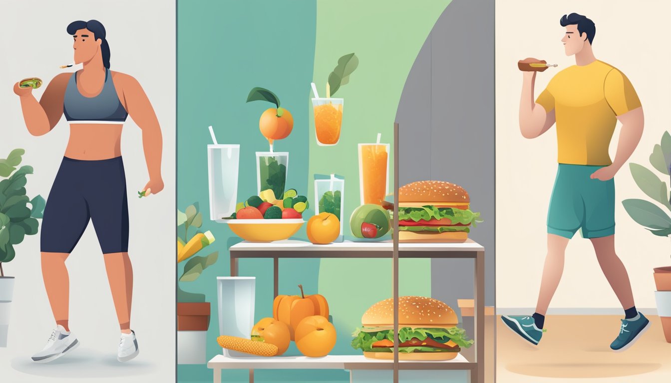 A person exercising and eating healthy vs a person smoking and eating unhealthy