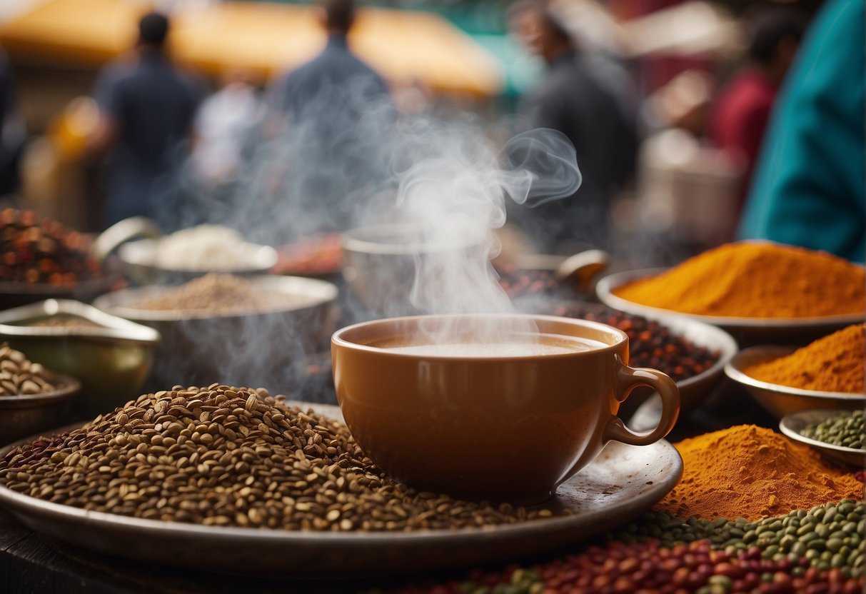 A steaming cup of chai tea sits on a bustling market stall, surrounded by colorful spices and fabrics from around the world