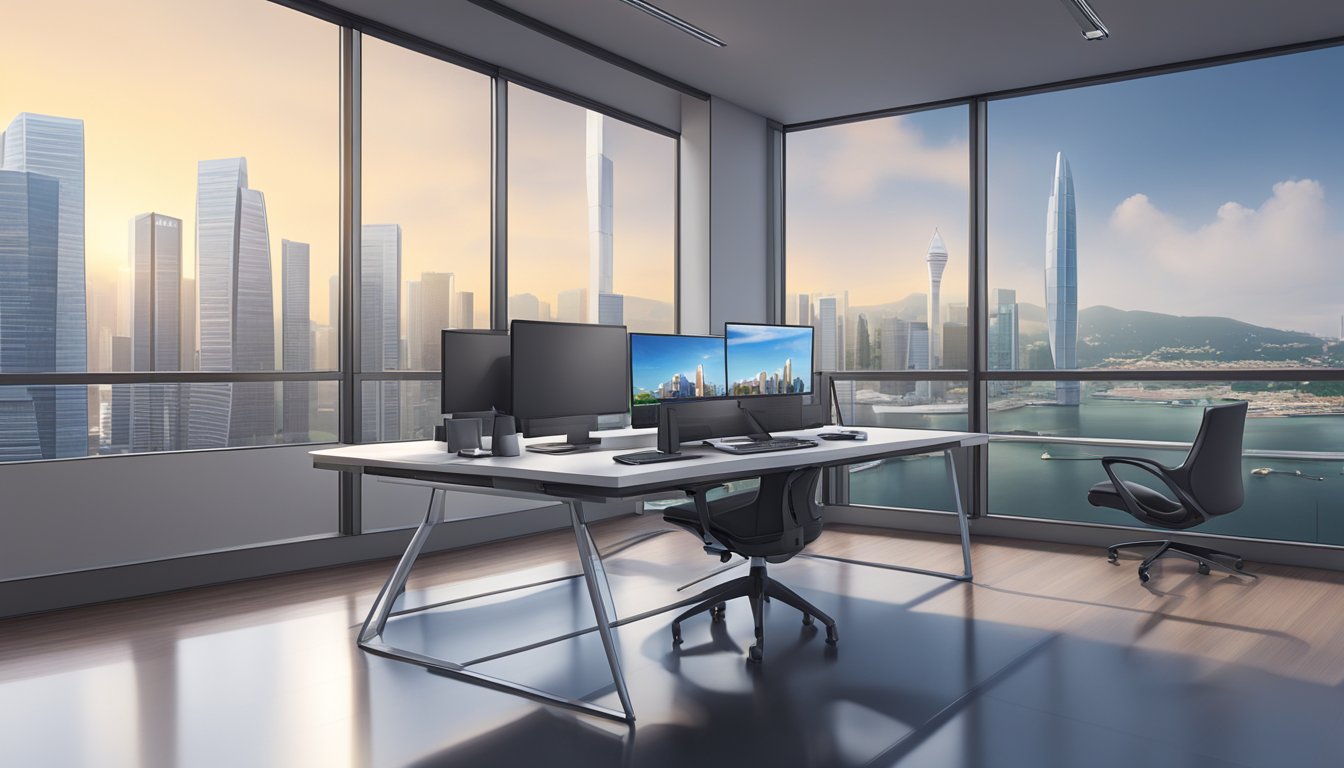 A sleek, ergonomic computer chair in a modern Singapore office, with a city skyline visible through the window