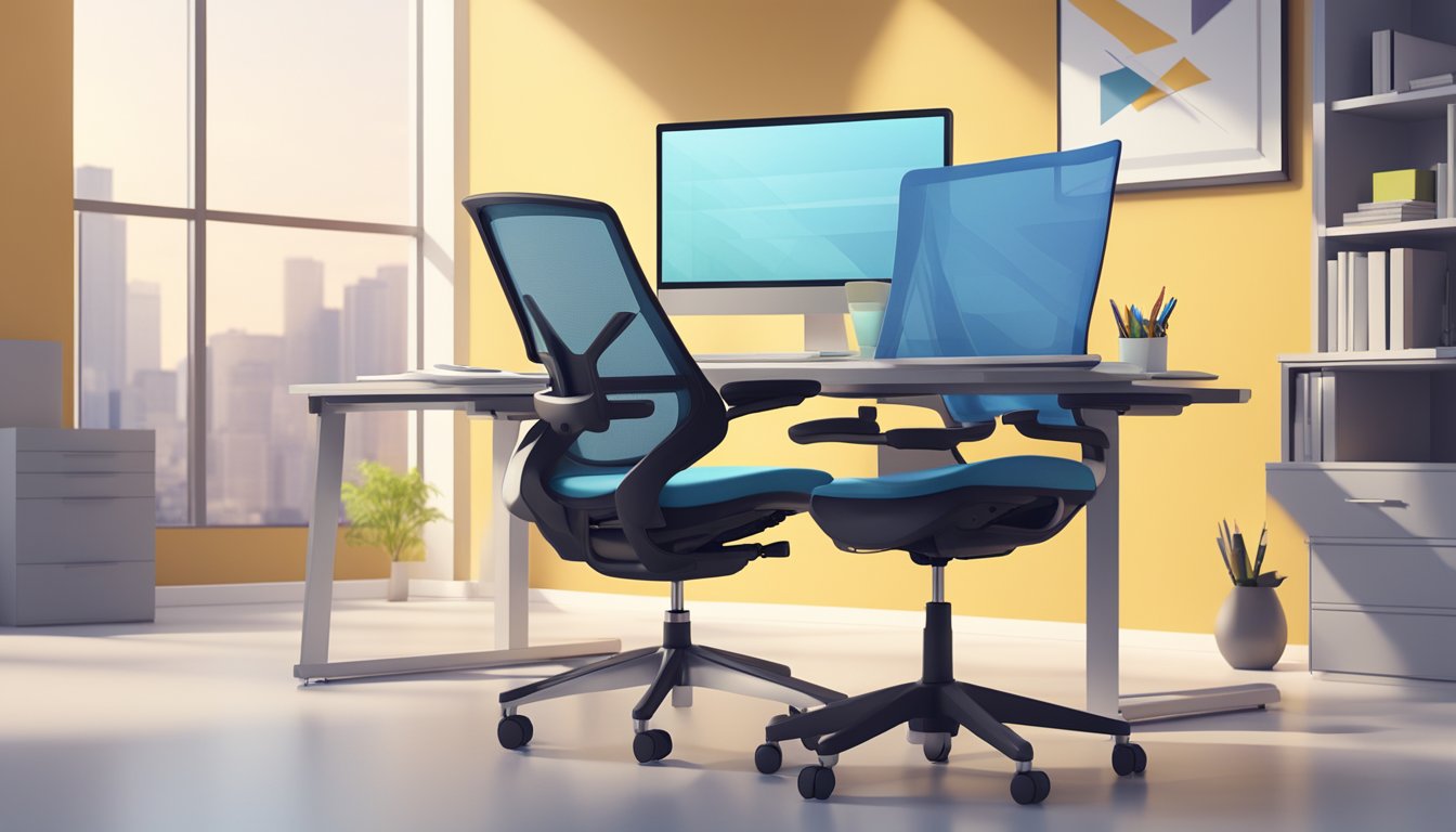 A modern ergonomic chair with adjustable lumbar support, breathable mesh back, and adjustable armrests, placed in a well-lit office setting with a computer desk and keyboard