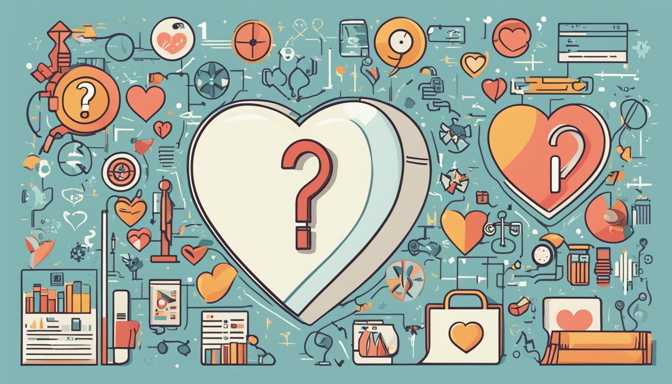 A heart with a question mark hovering above it, surrounded by medical symbols and text "Frequently Asked Questions congestive heart failure vs heart attack"