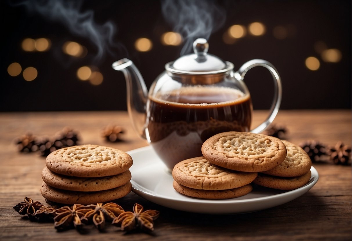 A steaming cup of chai tea with spices, a teapot, and a small plate of cookies on a wooden table