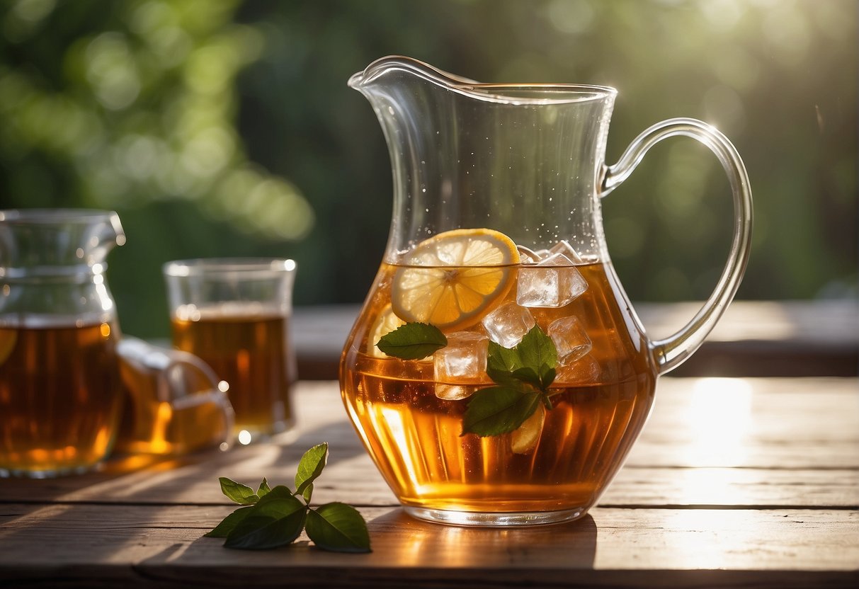 A clear glass pitcher sits on a wooden table, filled with ice cubes and freshly brewed tea. A thermometer floats in the liquid, displaying a cool temperature. The background shows a serene water landscape