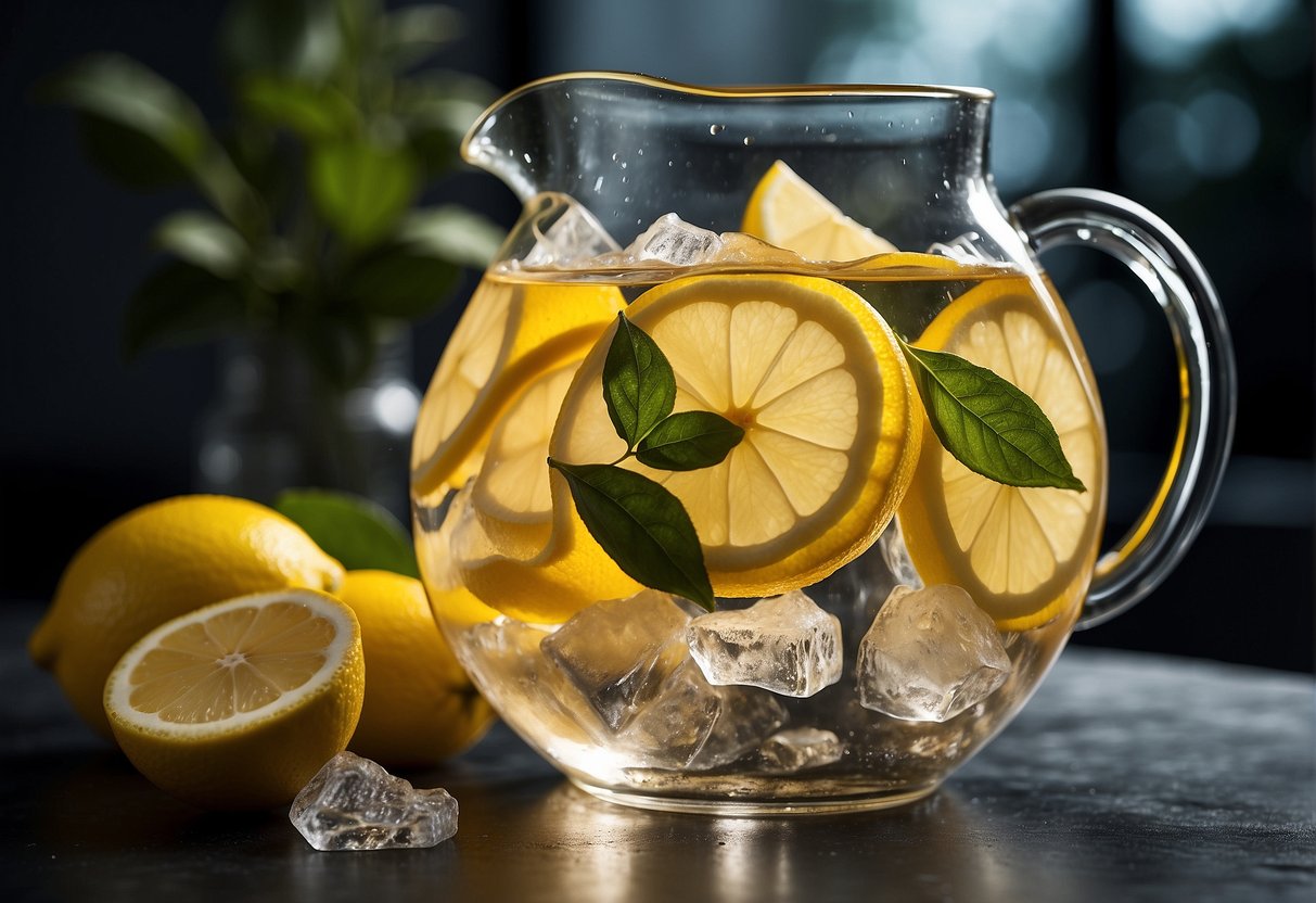 A glass pitcher with tea bags submerged in cold water, surrounded by fresh lemon slices and ice cubes