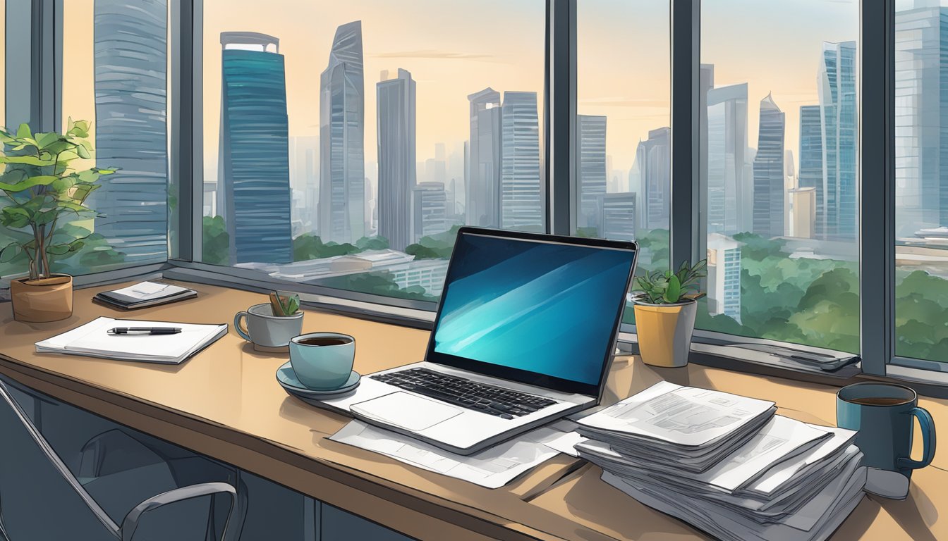 A cluttered desk in Singapore with a laptop, papers, pens, and a mug of coffee. A window overlooks the city skyline