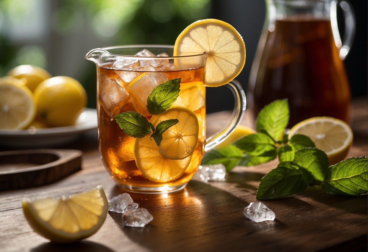 A pitcher of iced tea sits on a table, surrounded by fresh lemon slices and mint leaves. A spoon stirs the tea, releasing bursts of flavor