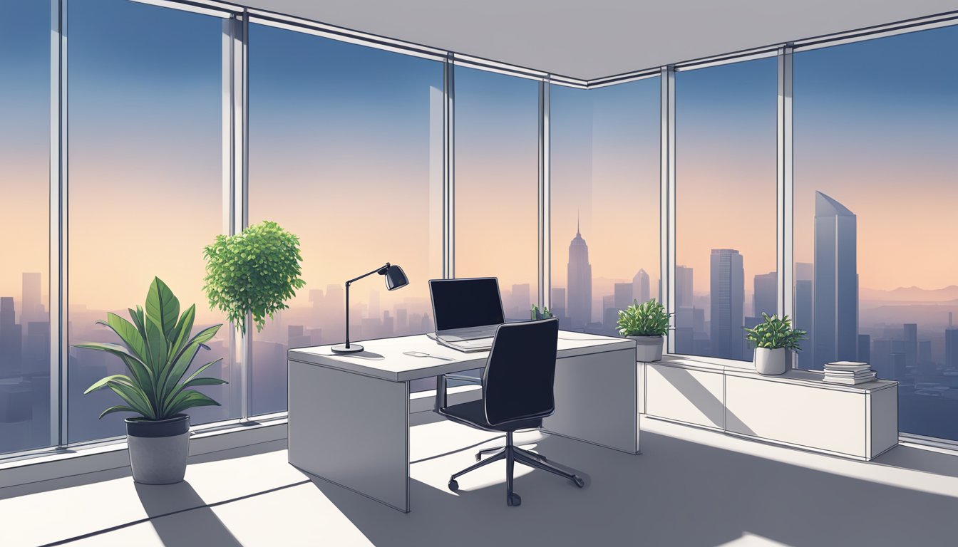 A bright, modern office space with a sleek desk against a window overlooking the city skyline. A laptop, notepad, and potted plant adorn the desk, creating a minimalist and functional workspace