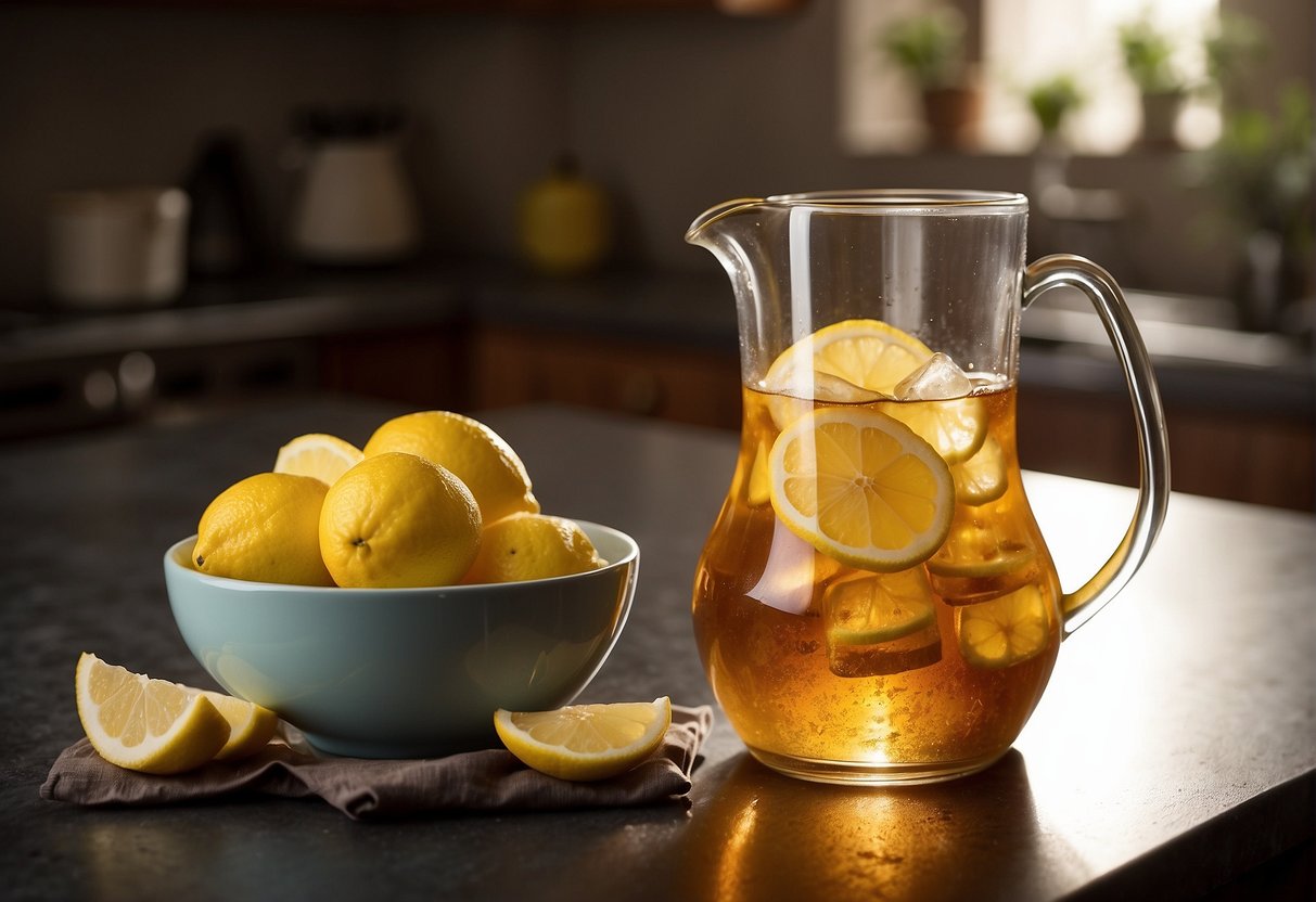 A pitcher of iced tea sits on a kitchen counter next to a stack of tea bags and a bowl of lemon slices. A glass filled with ice is being poured with the tea from the pitcher