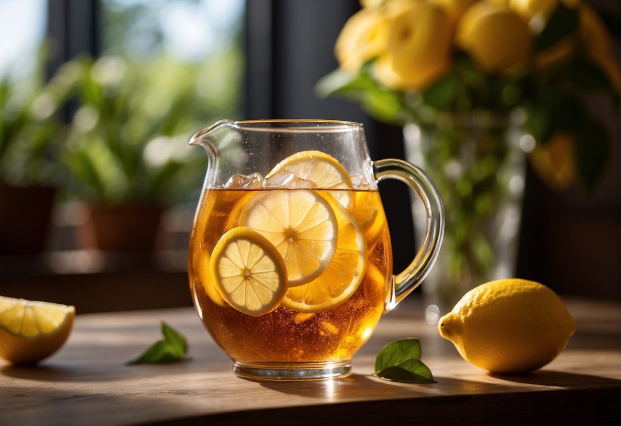 A pitcher of iced tea sits on a table with lemons and ice cubes nearby. A glass filled with the tea is being poured from the pitcher