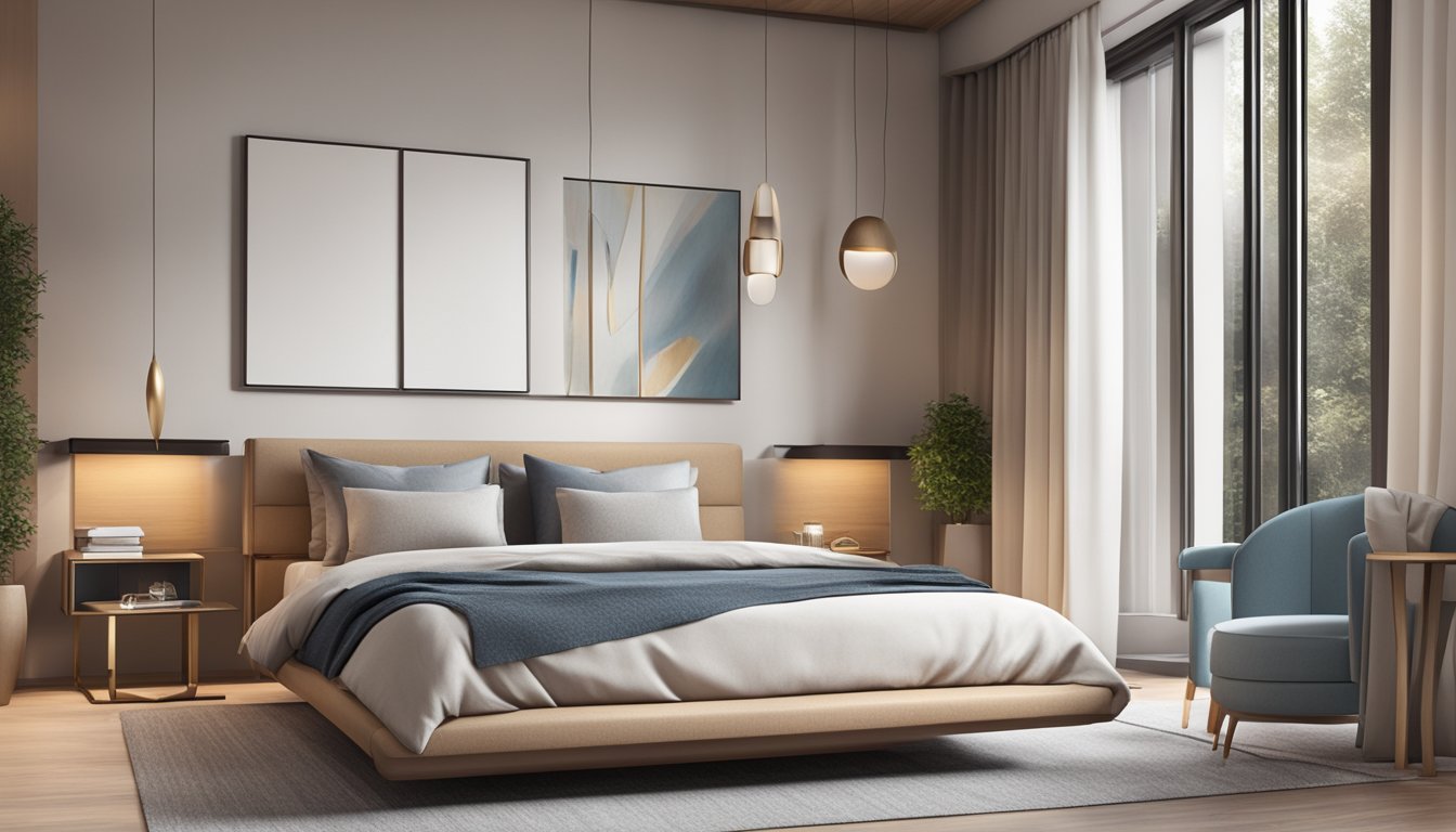 A cozy bedroom with a sleek, modern single bed, adorned with soft, inviting bedding and a stylish headboard. A warm, welcoming atmosphere with clean lines and a touch of luxury
