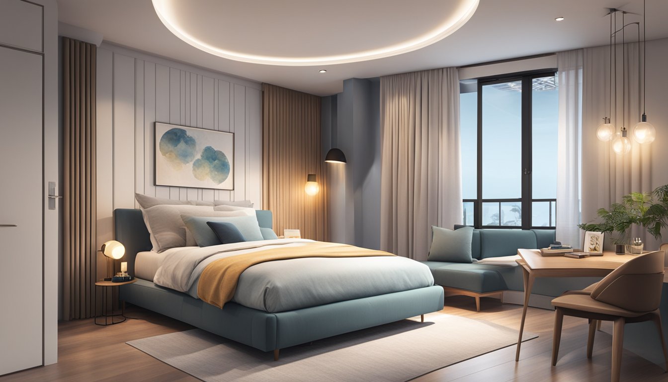 A cozy bedroom with a sleek and modern single bed in Singapore, surrounded by stylish furniture and soft lighting to enhance the shopping experience