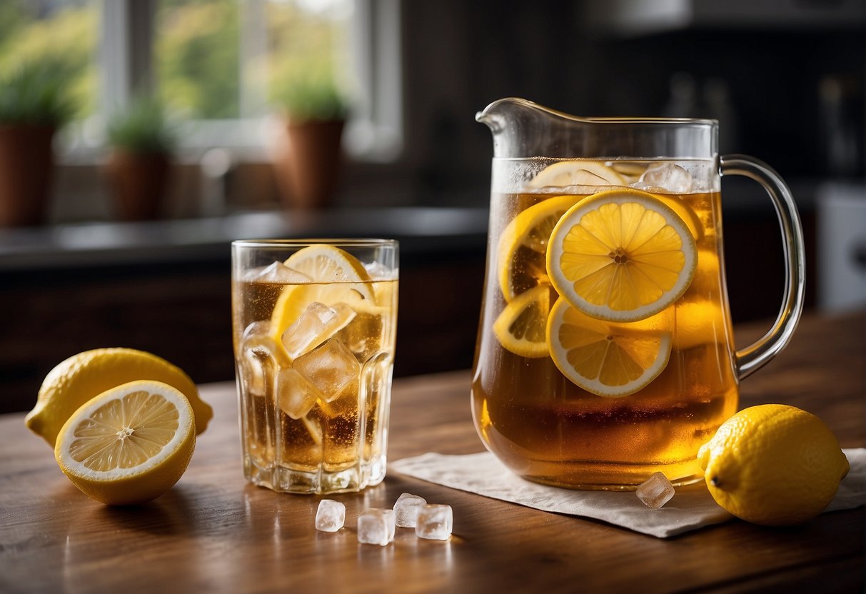 A pitcher of brewed tea, sugar, lemon slices, and ice cubes on a kitchen counter
