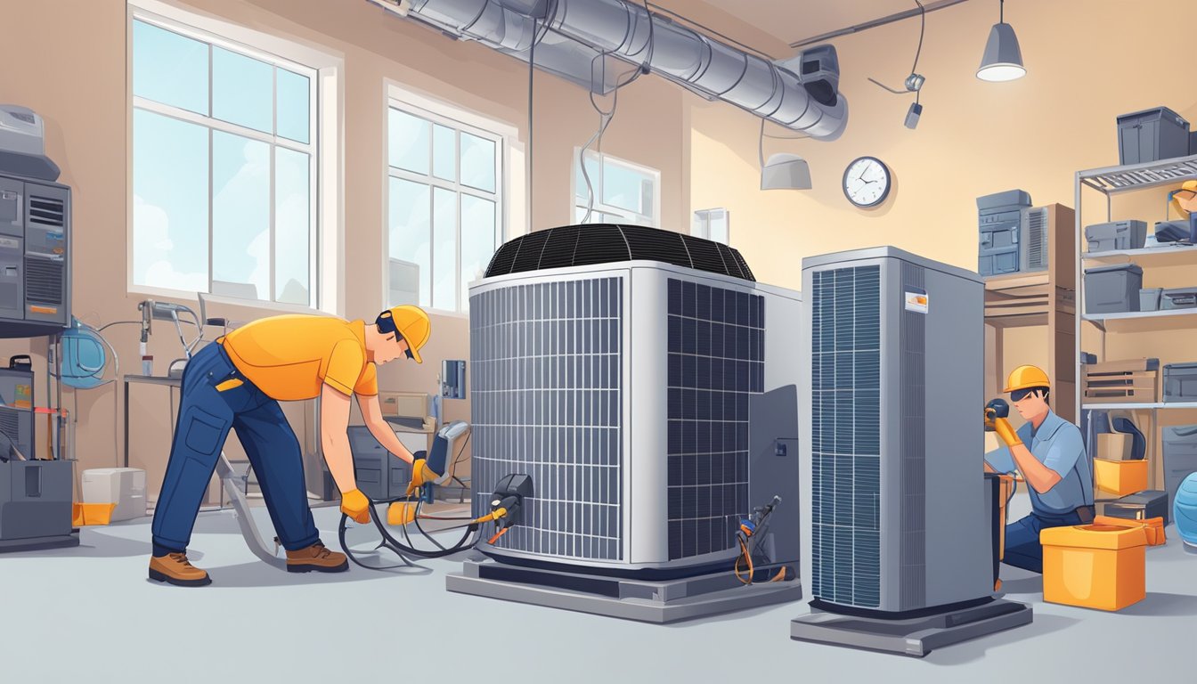A technician installs a new air conditioning unit, while another performs maintenance on an existing one. Tools and equipment are scattered around the workspace