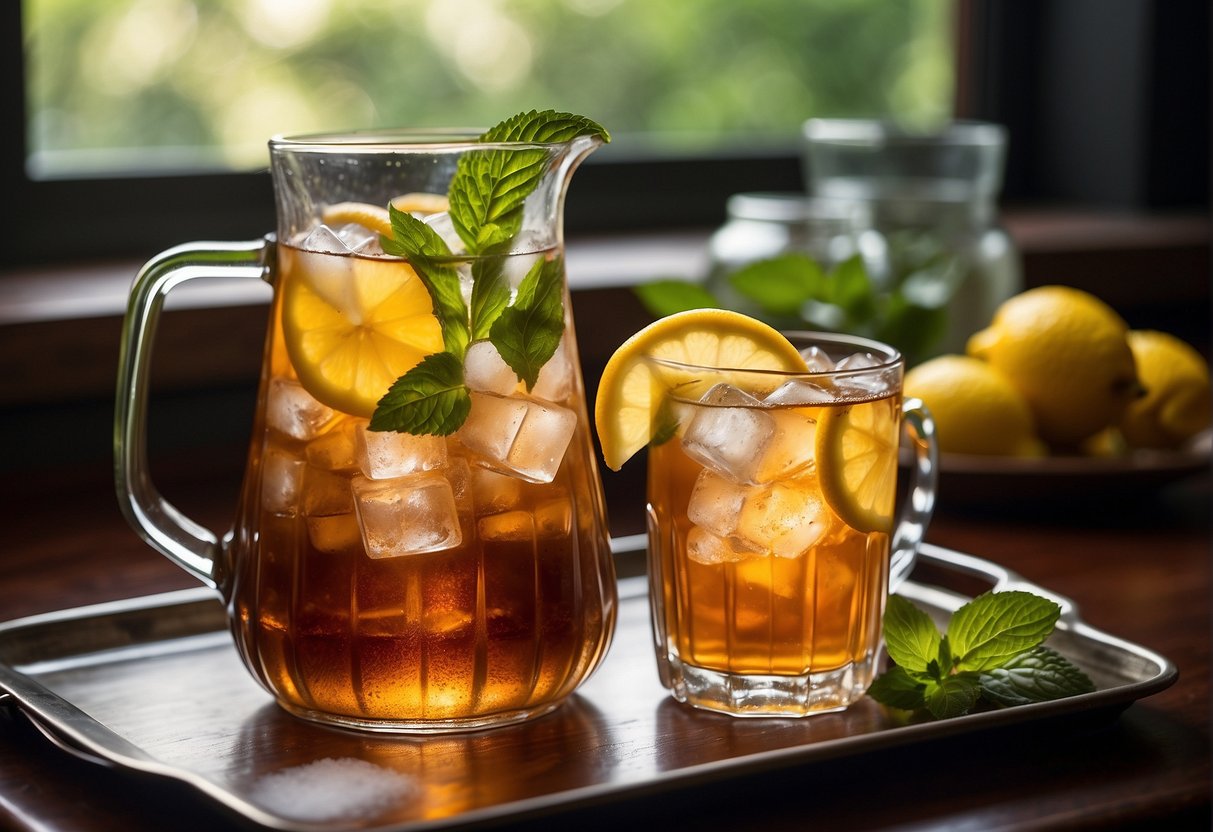 A pitcher of sweet tea with ice cubes, lemon slices, and mint leaves, surrounded by glasses on a tray