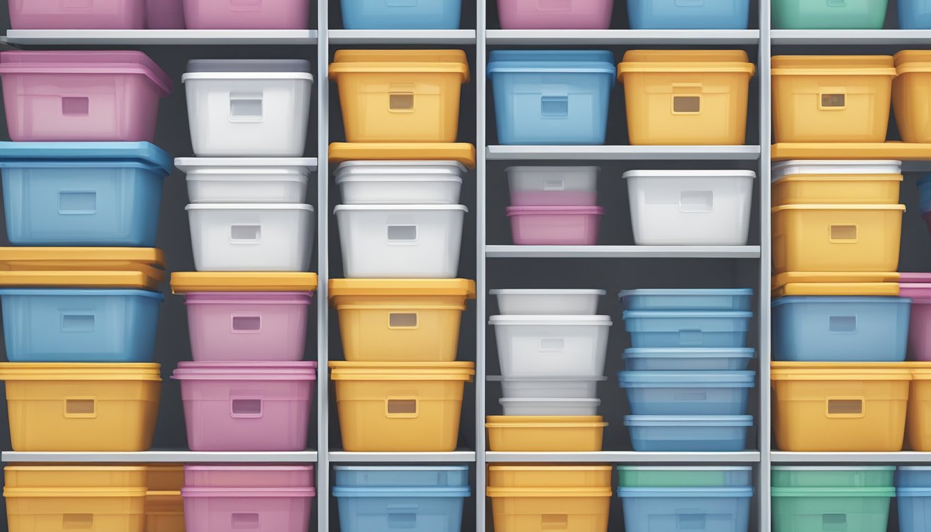 Several plastic storage boxes neatly stacked on top of each other in a clutter-free environment