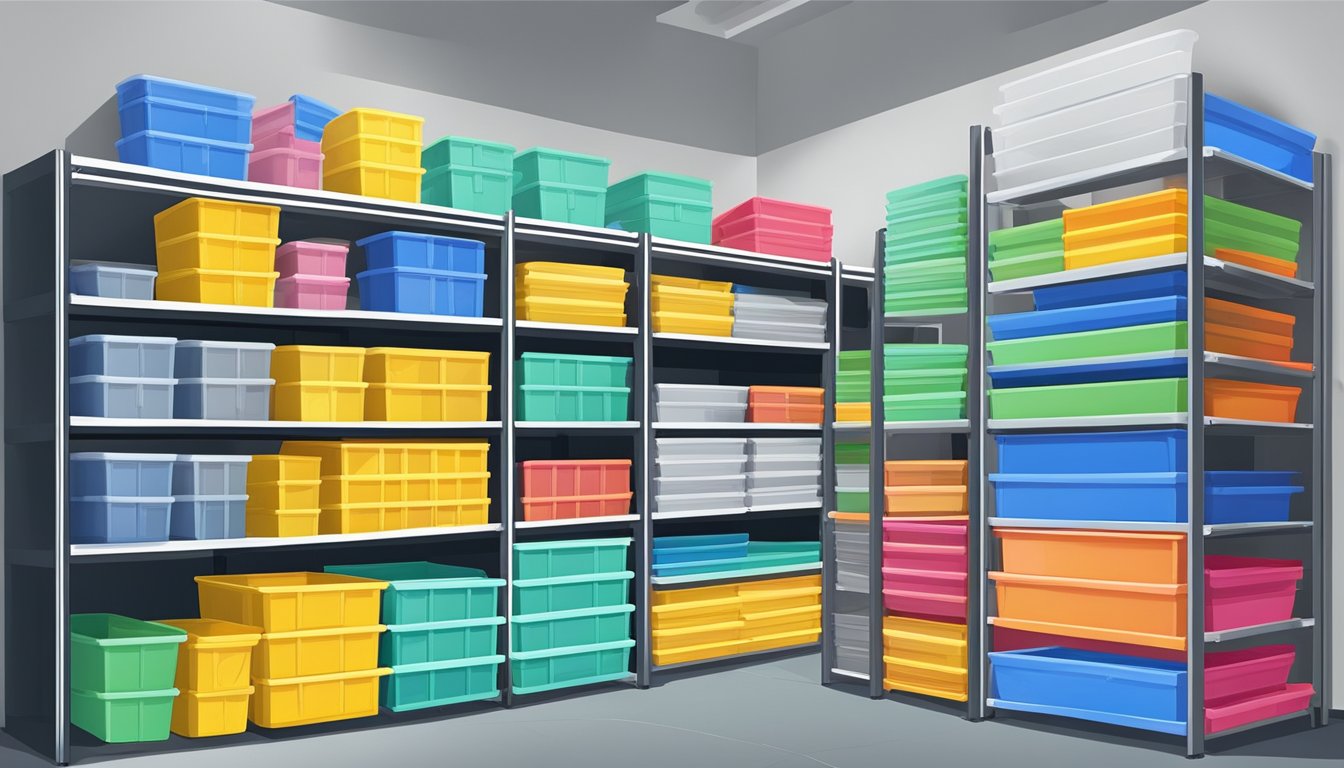 Plastic storage boxes neatly arranged on shelves. Labels visible. Efficient and organized