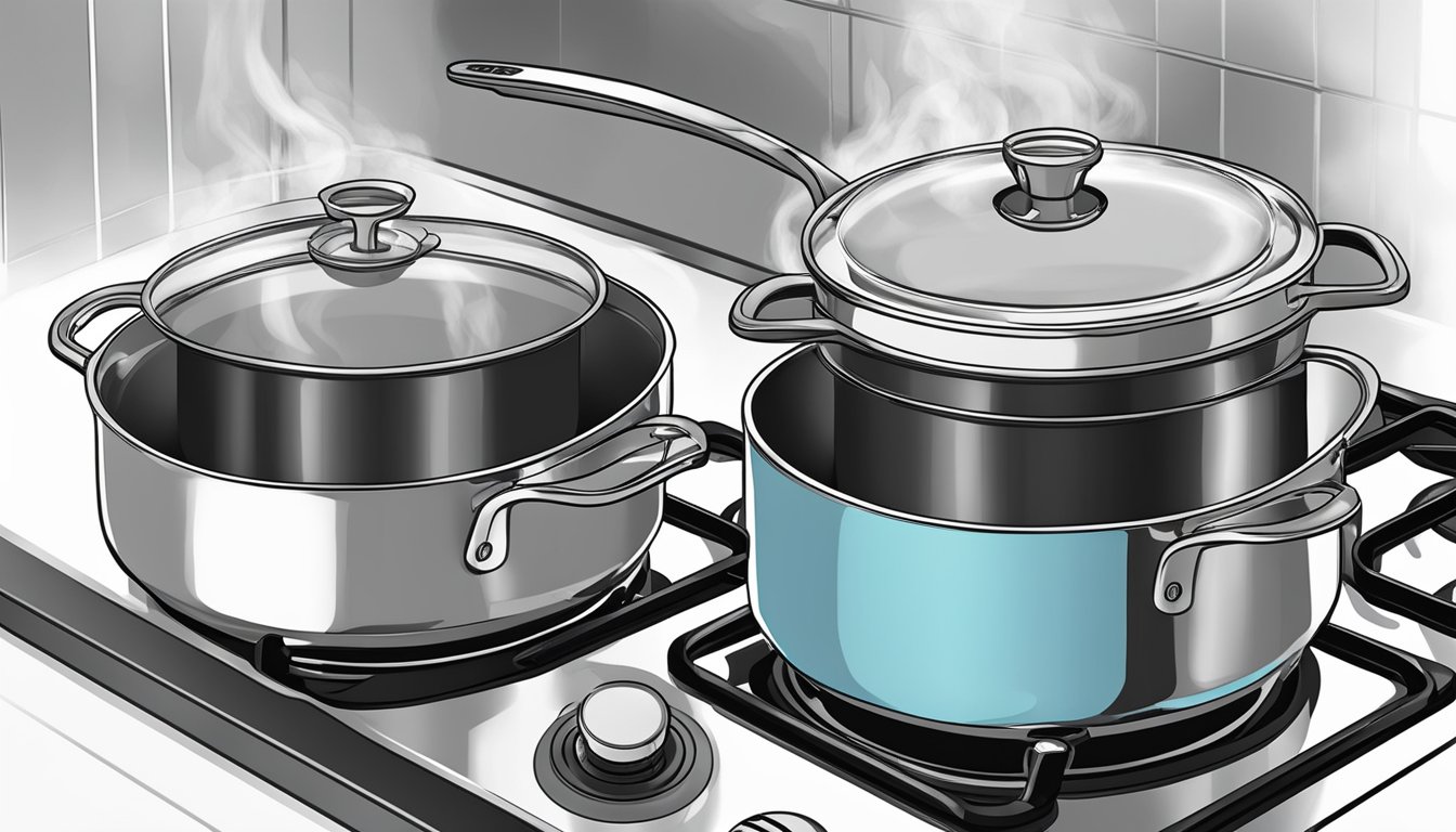 A double boiler pot sits on a stovetop, with a smaller pot nestled inside. Steam rises from the simmering water below, gently heating the ingredients in the top pot