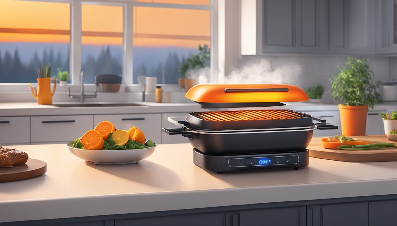 A smokeless grill sits on a clean, modern kitchen countertop. The grill is turned on, with a vibrant orange glow emanating from the heating element