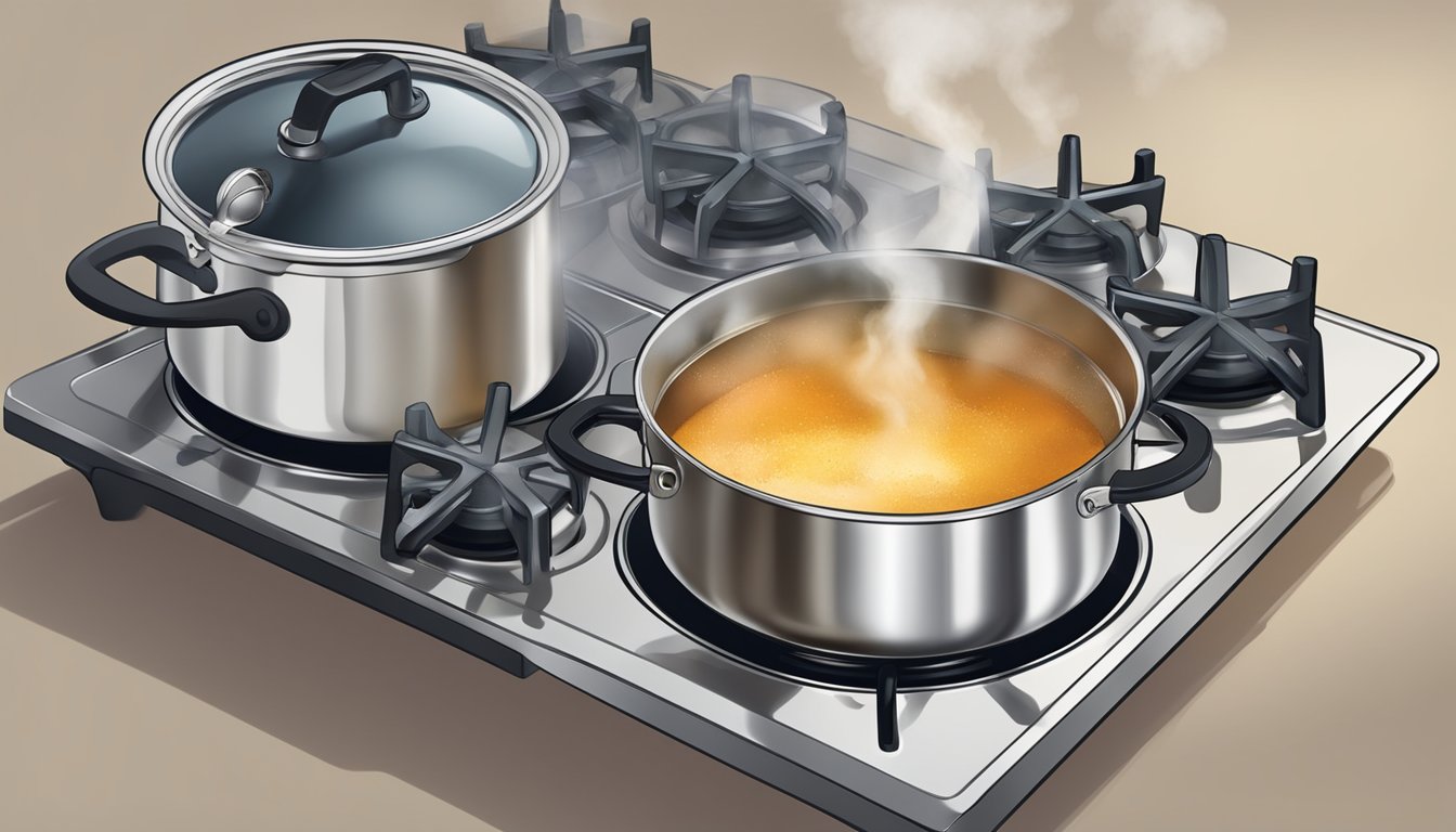 A double boiler pot sits on a stovetop, steam rising from the simmering water below as ingredients melt and blend together