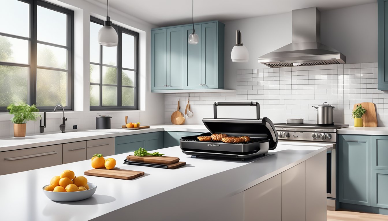 A hand reaches for the sleek smokeless grill, set on a clean, modern kitchen counter, with a backdrop of a bright, airy space