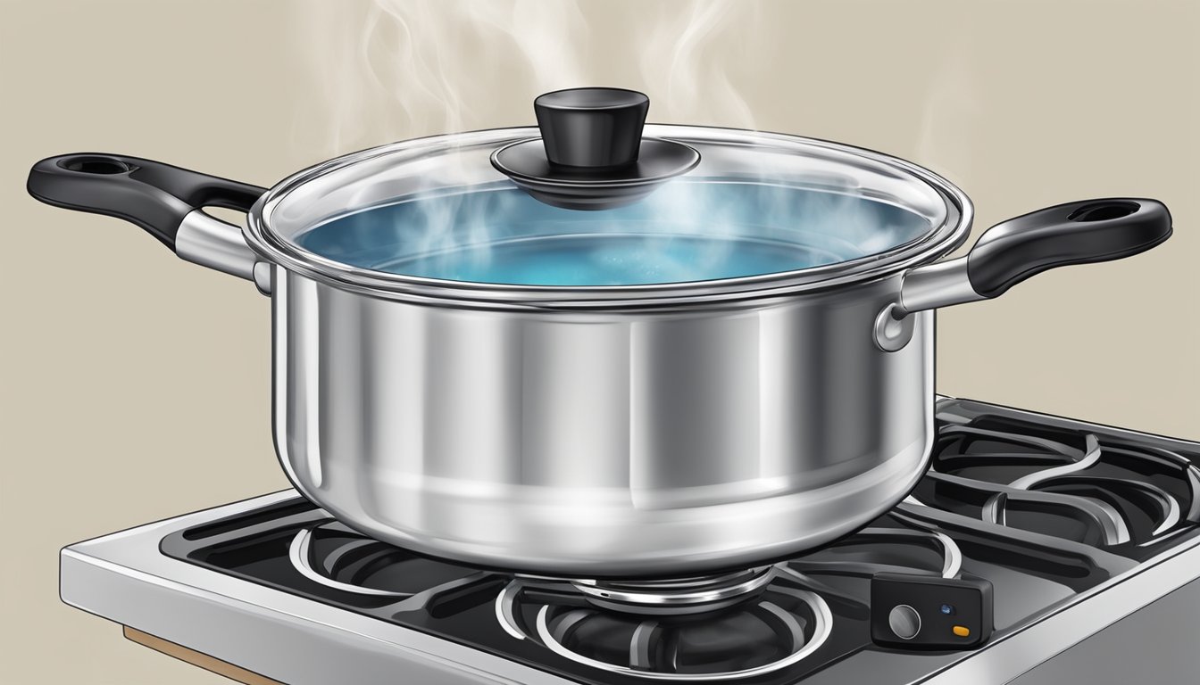 A double boiler pot sits on a stovetop, steam rising from the lower pot. A small amount of water simmers, gently heating the contents of the upper pot