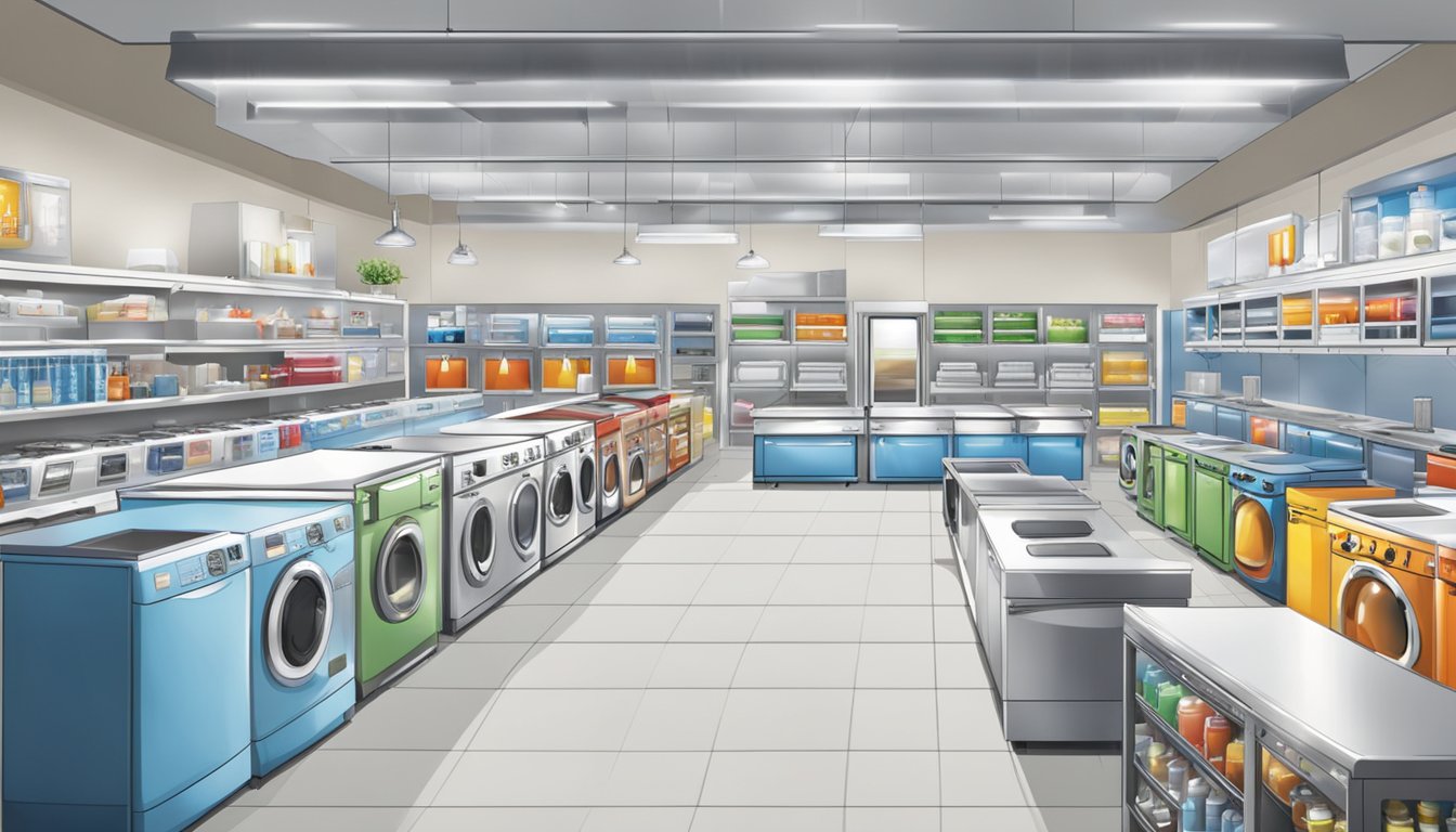 Appliance stores filled with rows of refrigerators, stoves, and washing machines. Bright lights illuminate the showroom, while sales tags and promotional banners catch the eye