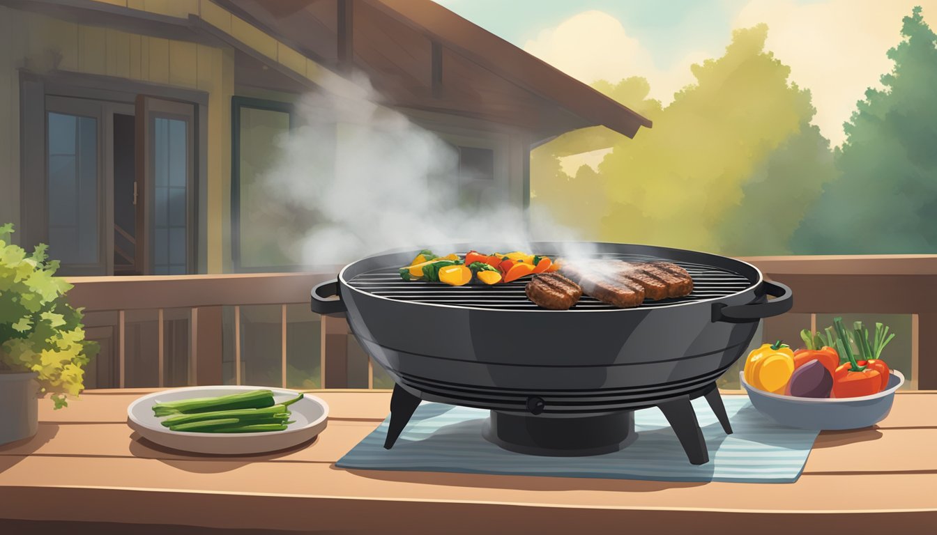 A smokeless grill sits on a patio table, emitting no smoke as it cooks food. A plume of steam rises from the grill, and a plate of perfectly grilled vegetables sits nearby