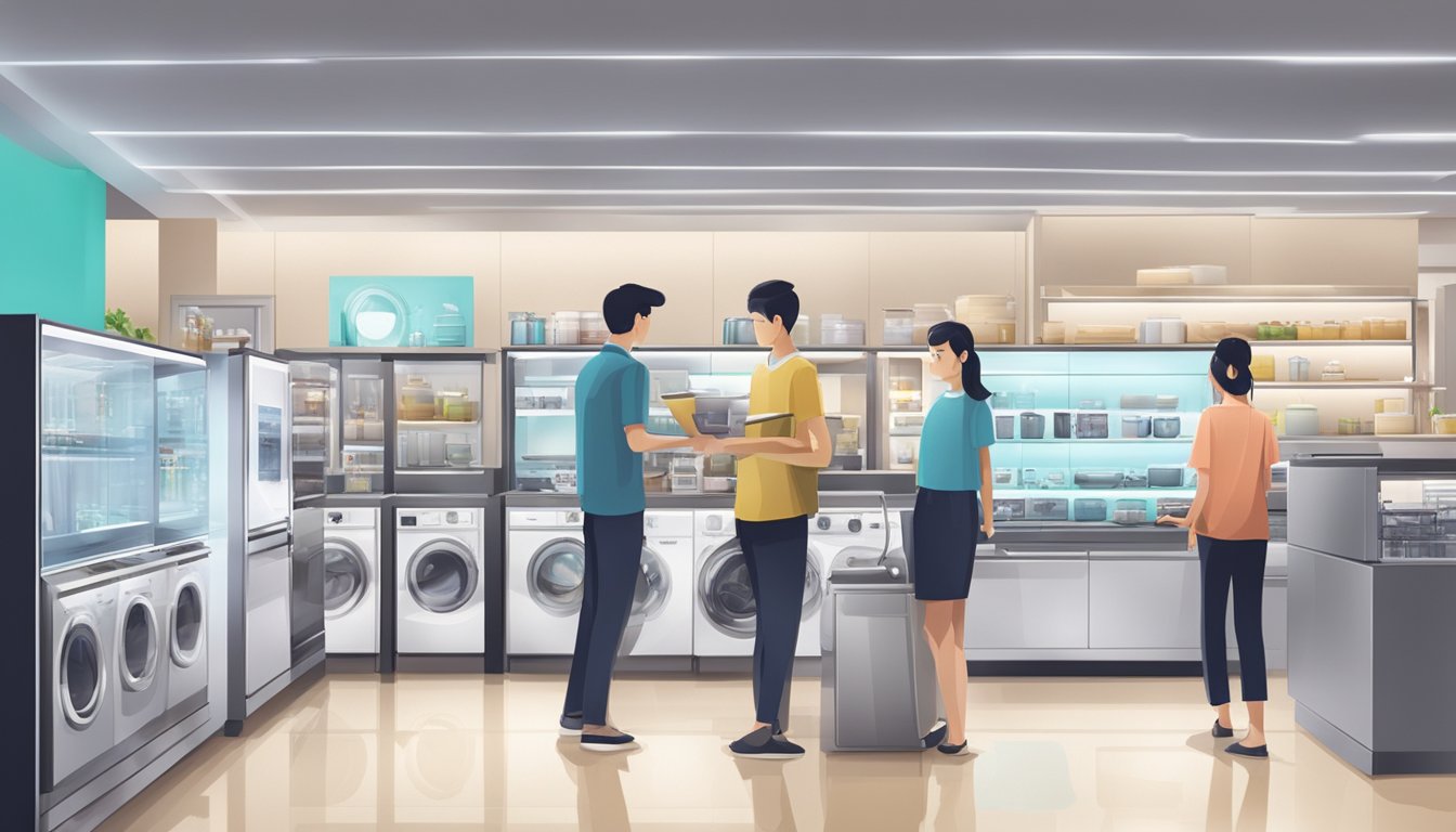 Customers browse sleek appliances in Singapore stores, with bright lighting and modern displays