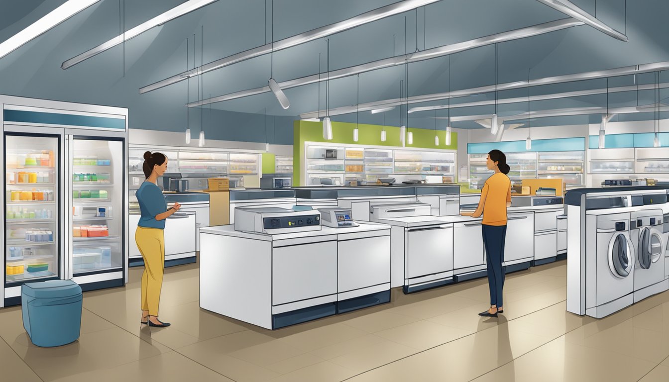 Customers browse appliances in a well-lit store. Sales associates assist with product inquiries. A comfortable and inviting atmosphere enhances the overall customer experience