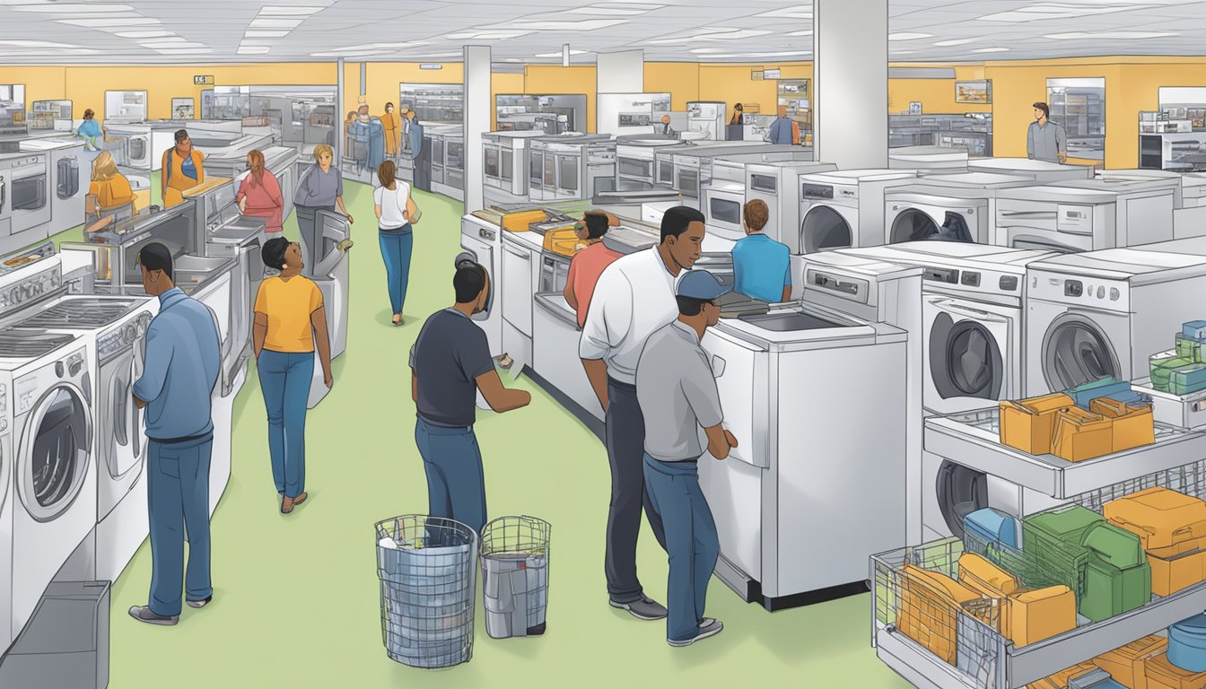 Customers browse through aisles of appliances, while sales associates assist with inquiries at a busy appliance store