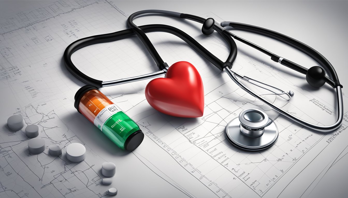 A heart-shaped pill bottle labeled "digoxin" surrounded by a stethoscope, EKG strips, and a medical chart showing clinical efficacy in heart failure