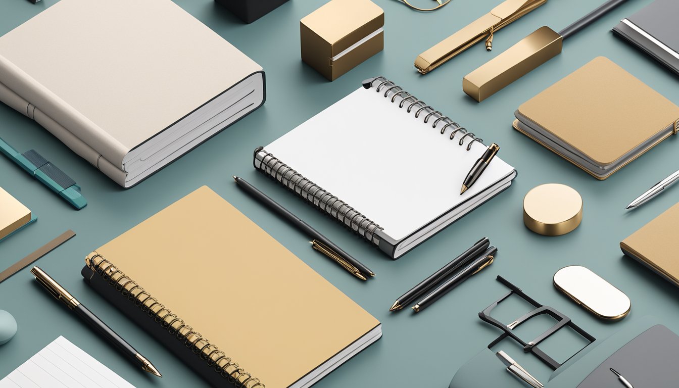 A stack of branded notebooks sits on a sleek desk, surrounded by elegant corporate gifts and business accessories