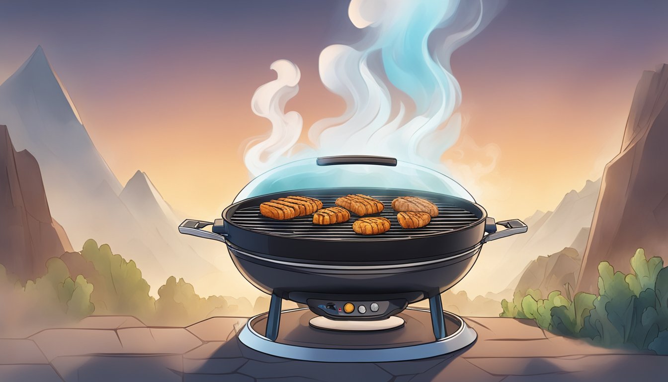 A sizzling Kith smokeless grill emits wisps of steam as it cooks