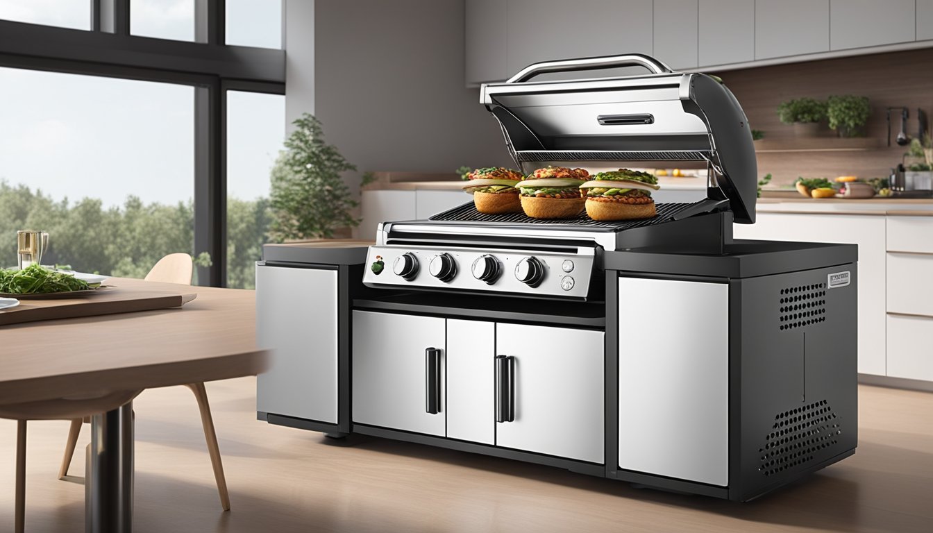 The smokeless grill stands on a sleek countertop, with its innovative design and advanced features highlighted