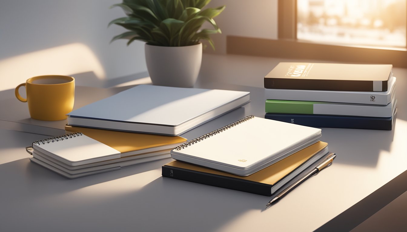 A stack of branded notebooks displayed on a sleek desk, with a company logo prominently featured on the cover. Light filters in through a nearby window, casting a soft glow on the notebooks