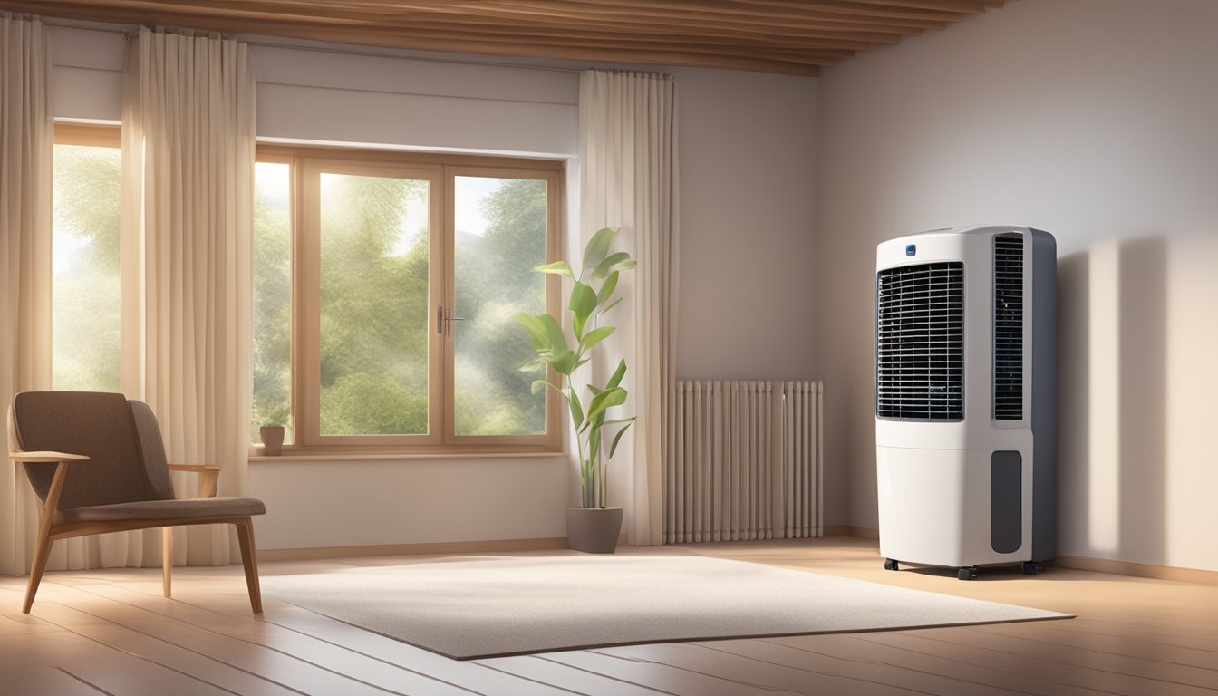 A room with an evaporative air cooler, emitting cool air, surrounded by warm and dry surroundings