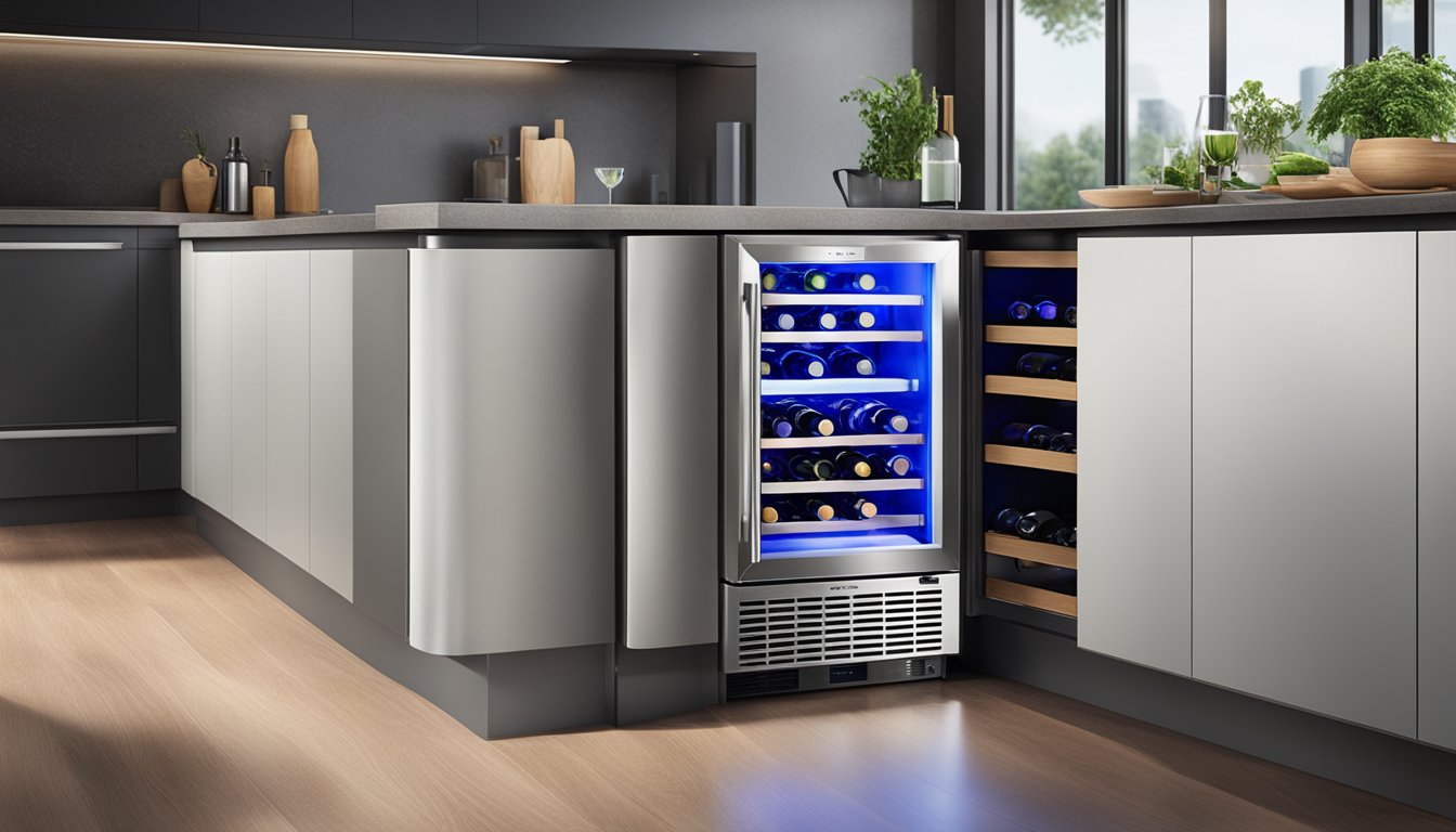 A sleek wine chiller sits on a modern kitchen counter in Singapore