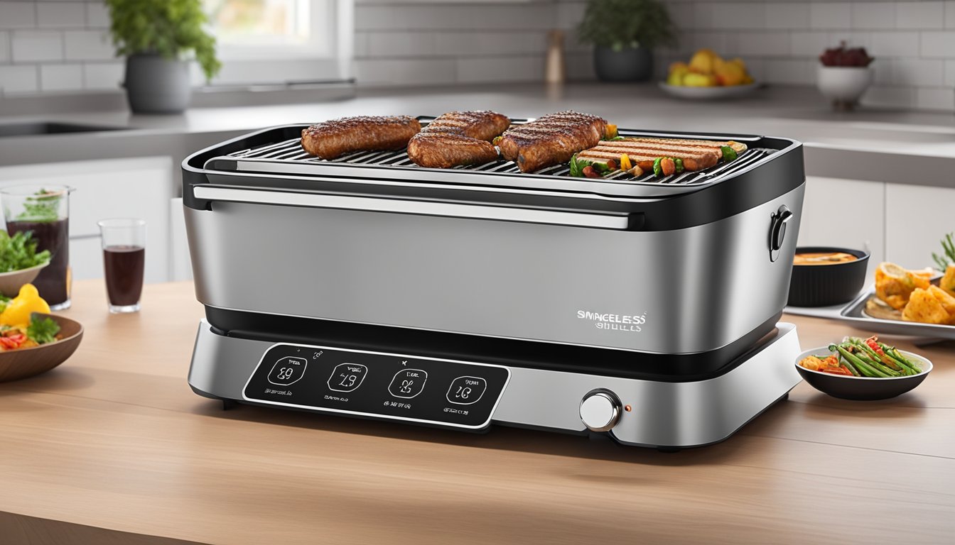 The Smokeless Grill is sizzling with food, emitting no smoke. It stands on a sleek countertop, with a digital display showing the temperature and timer