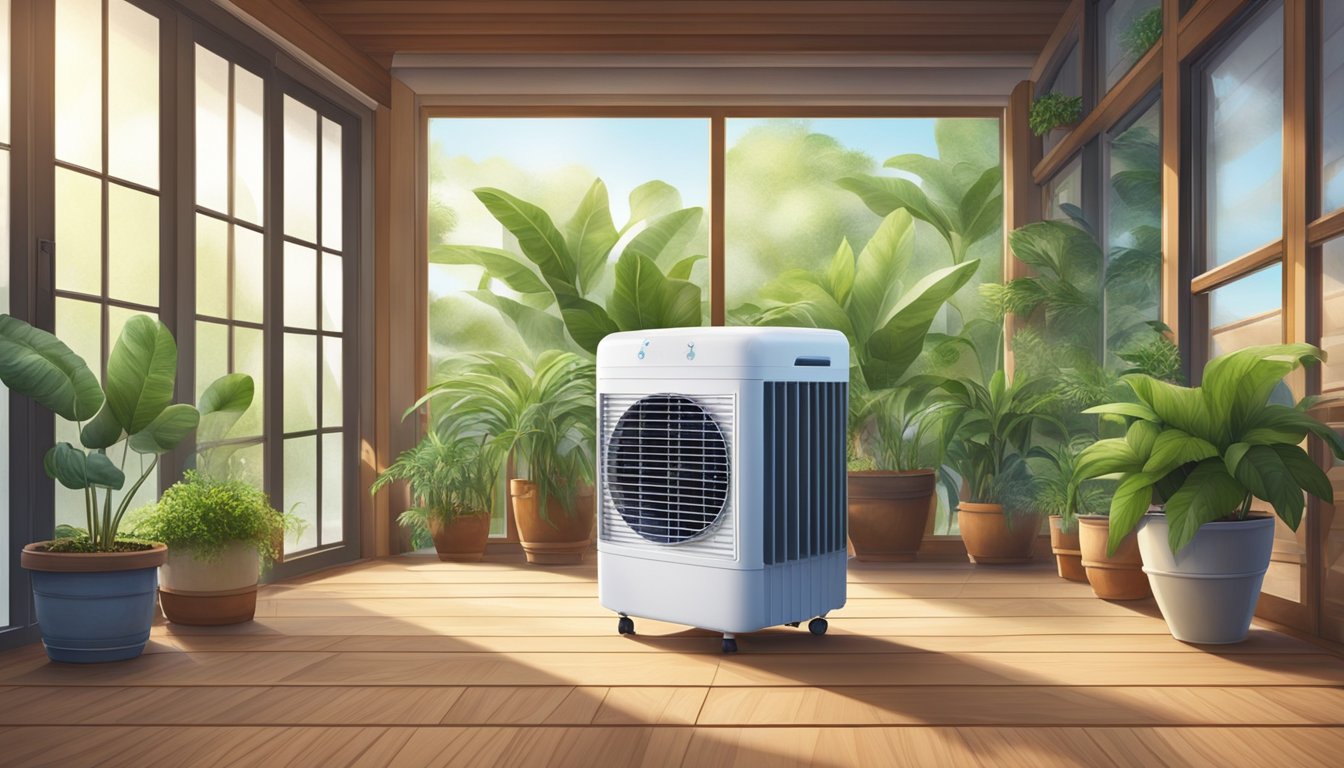 An evaporative air cooler sits on a wooden deck, surrounded by potted plants. A gentle breeze blows through the open windows, as the cooler emits a refreshing mist into the air
