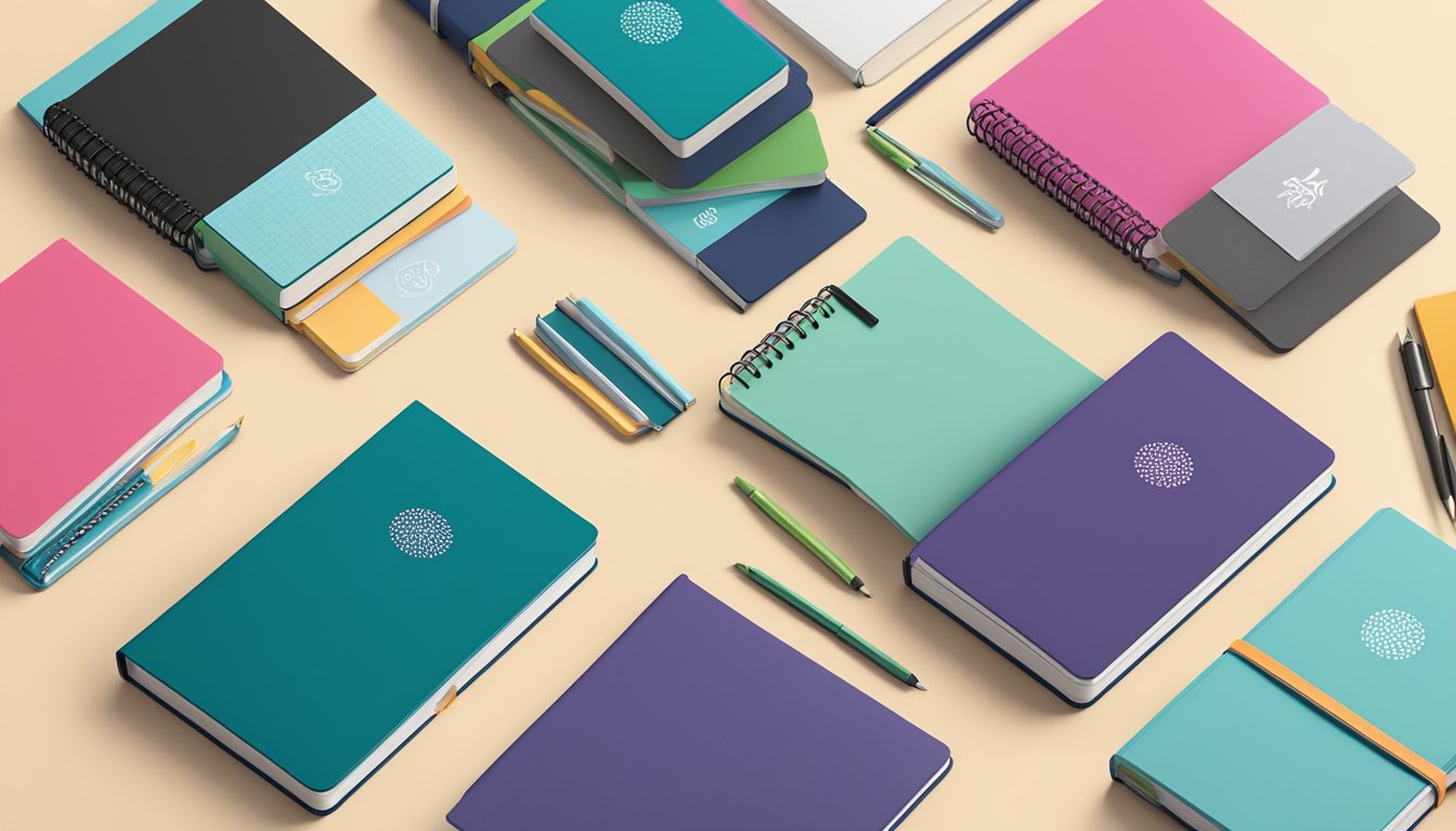 A stack of branded notebooks sits on a sleek desk, surrounded by a variety of corporate gifts. The notebooks feature a bold "Frequently Asked Questions" title on the cover