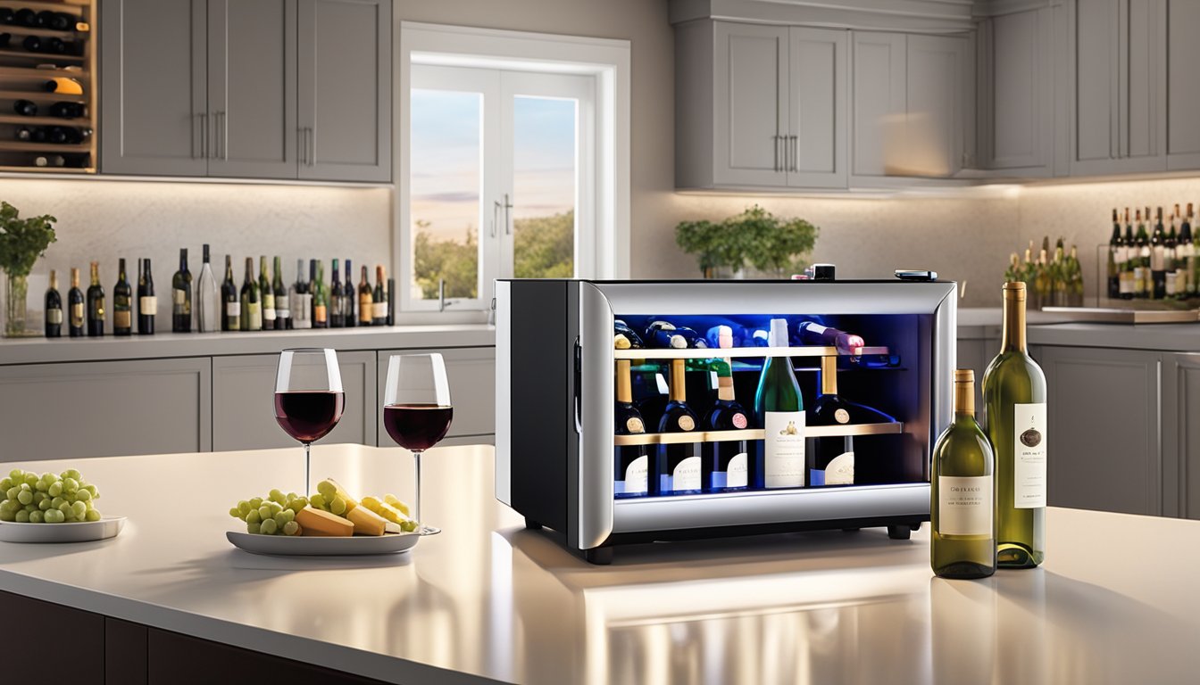 A small wine chiller sits on a sleek kitchen counter, surrounded by bottles of various wines. The soft glow of the chiller's LED display adds a touch of elegance to the scene