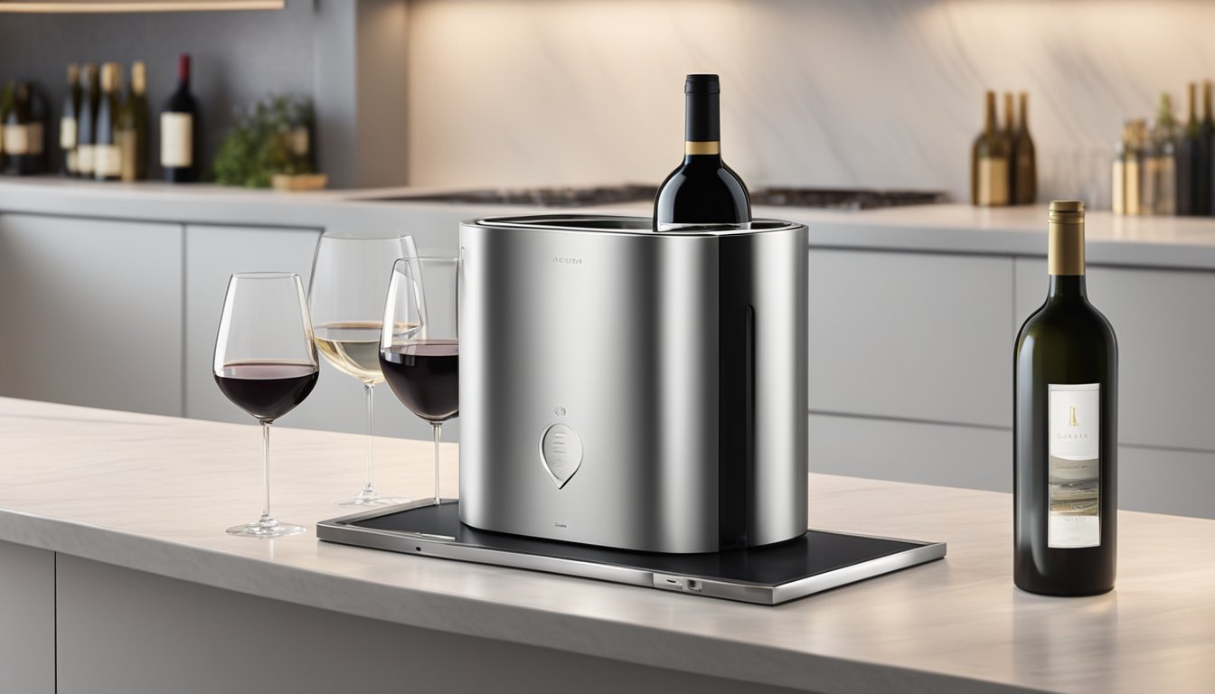 A sleek wine chiller sits on a modern kitchen counter, surrounded by elegant wine glasses and a bottle of fine wine. The soft glow of the chiller's LED display adds a touch of sophistication to the scene